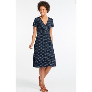 L.L. Bean Summer Knit Dress Short Sleeve Classic Navy Dot Print, V-neck, sz 2XL
